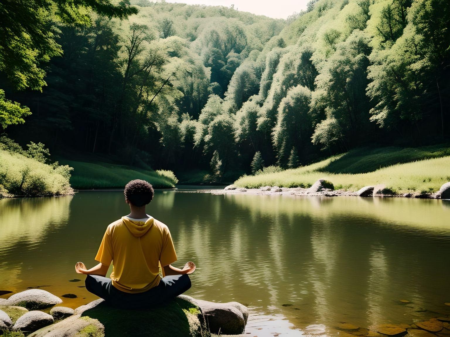  A serene nature scene with a person meditating amidst a tranquil setting, focusing on their breath.