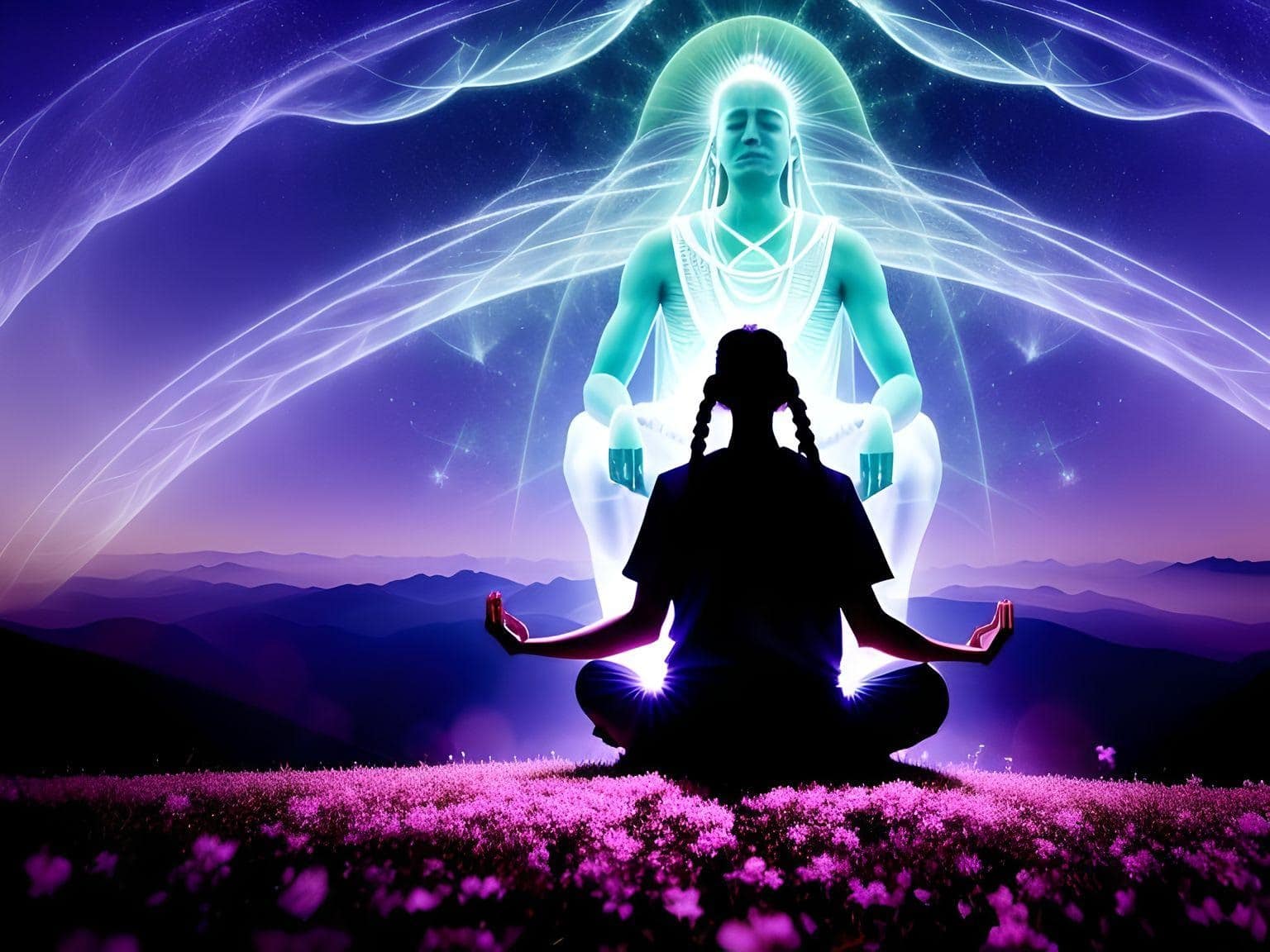 An image depicting a person sitting in meditation while surrounded by ethereal beings, symbolizing spirit guides.